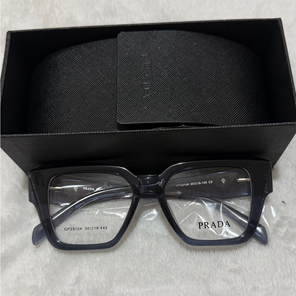 🆕PR 09ZV Women Square Frame Transparent Blue/Clear Eyeglasses